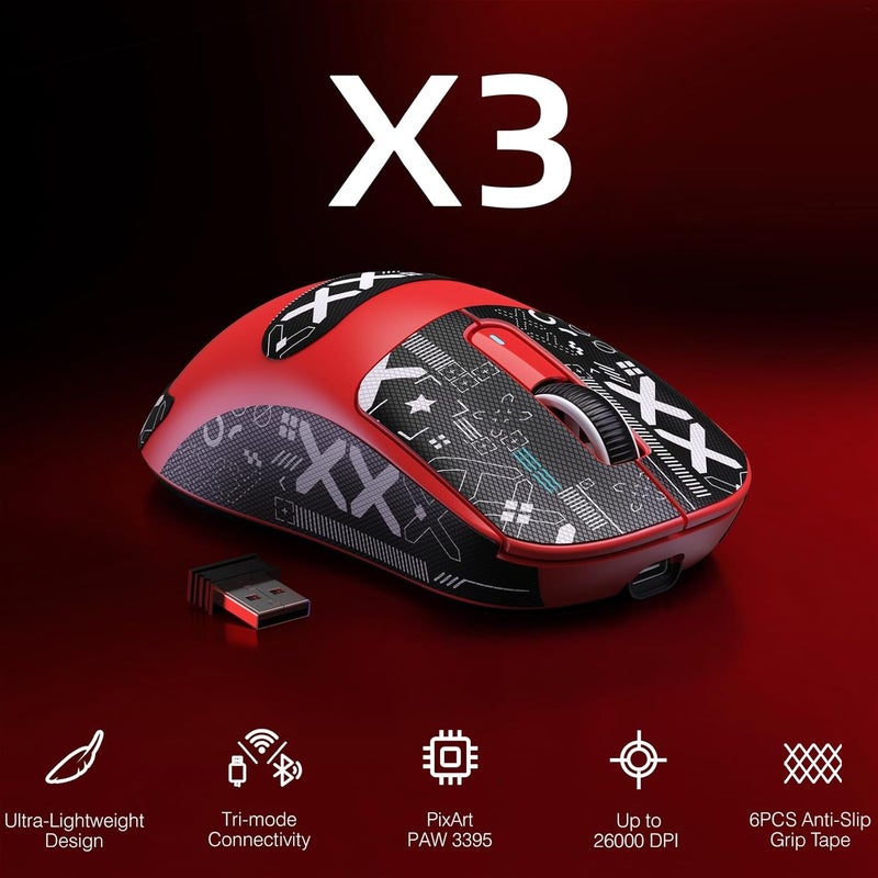 MANBASNAKE ATTACK SHARK X3 Wireless Gaming Mouse, 49g Bluetooth/2.4G/USB-C Ergonomic Computer Mouse, PAW3395 26K DPI Sensor, 200h Battery Life, Programmable Buttons Griptape, Gaming Accessories for PC/Laptop/Mac - Image 2